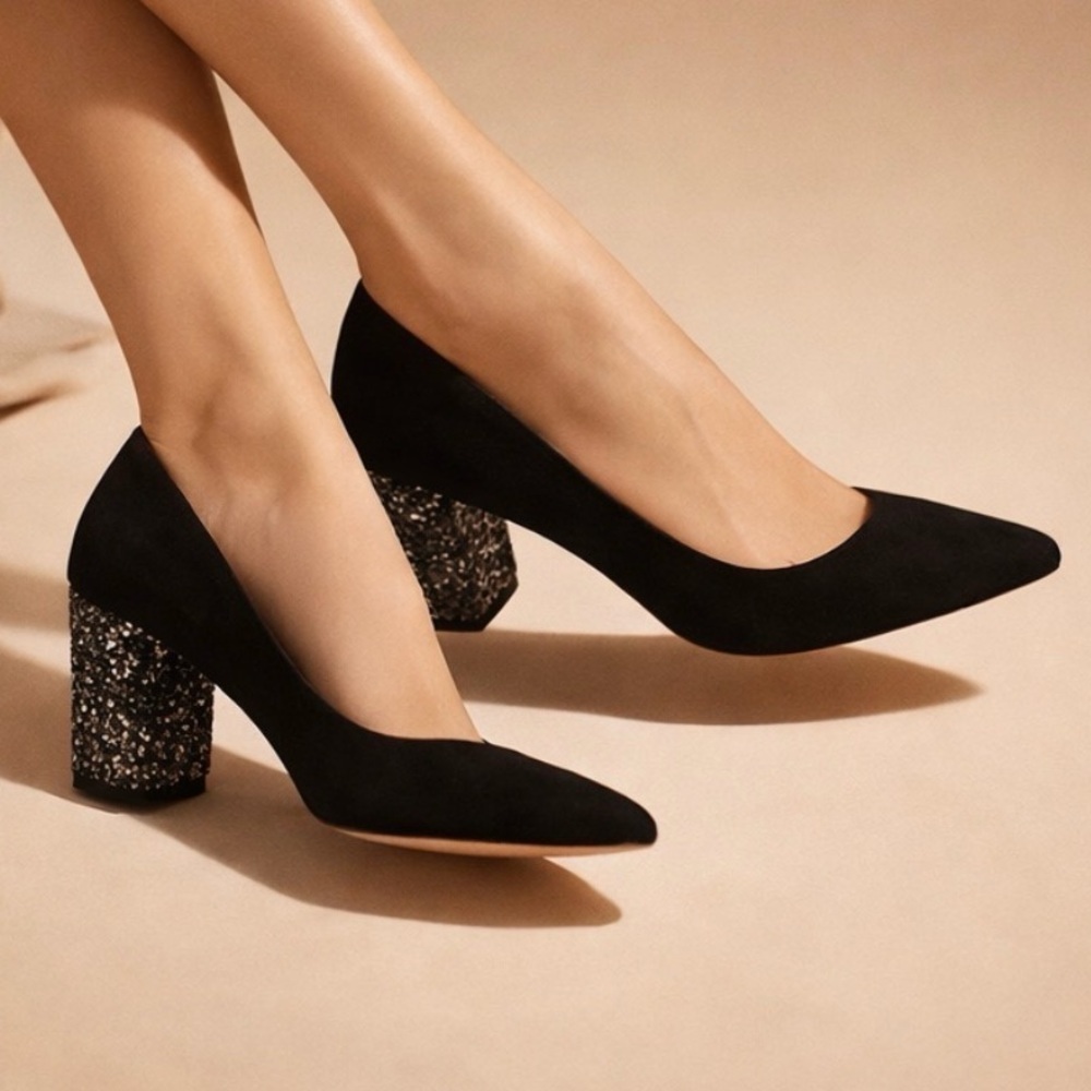 ALDO Black Pointed-Toe Sparkling Block Heel Size 8